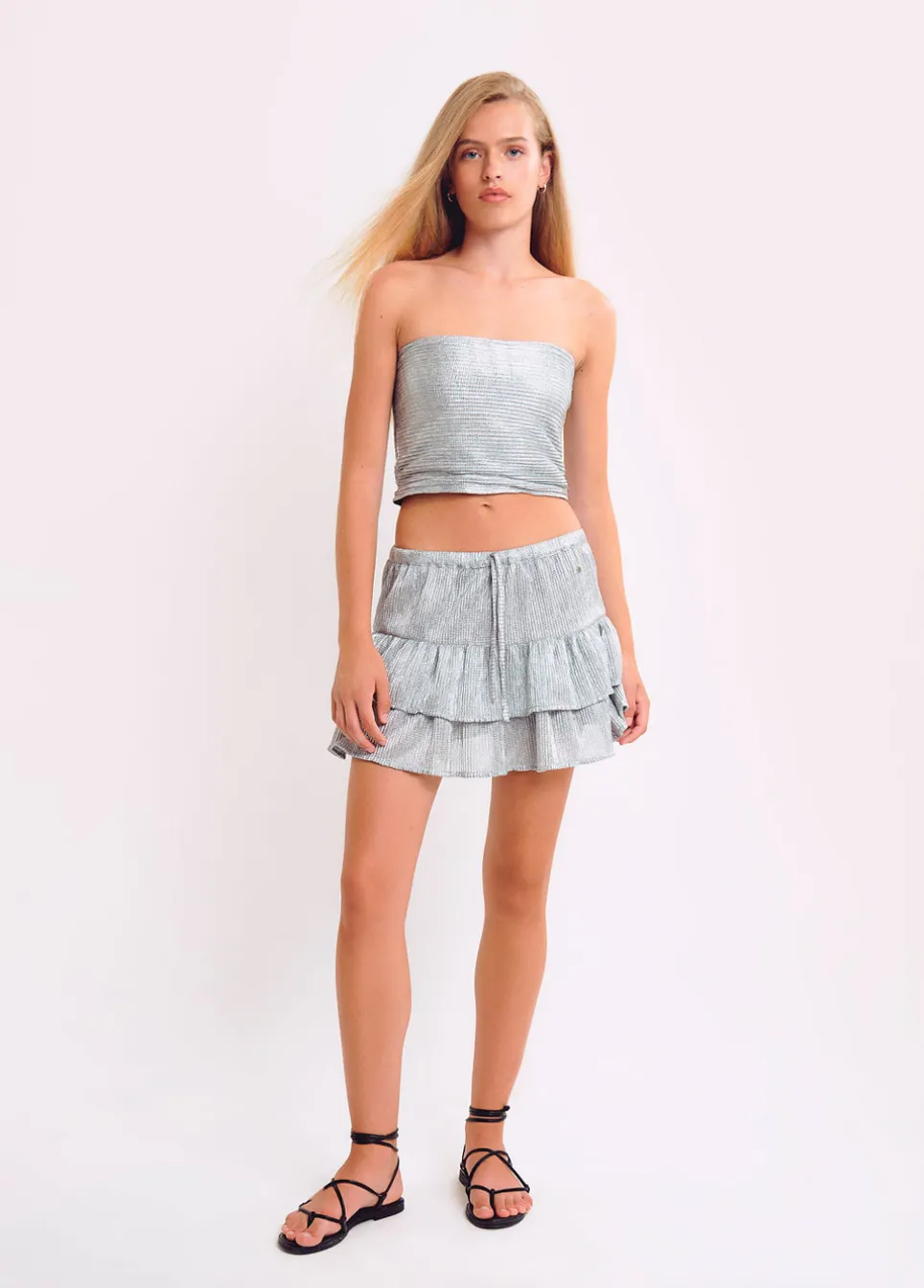 Top Bandeau Em Tecido Prateado