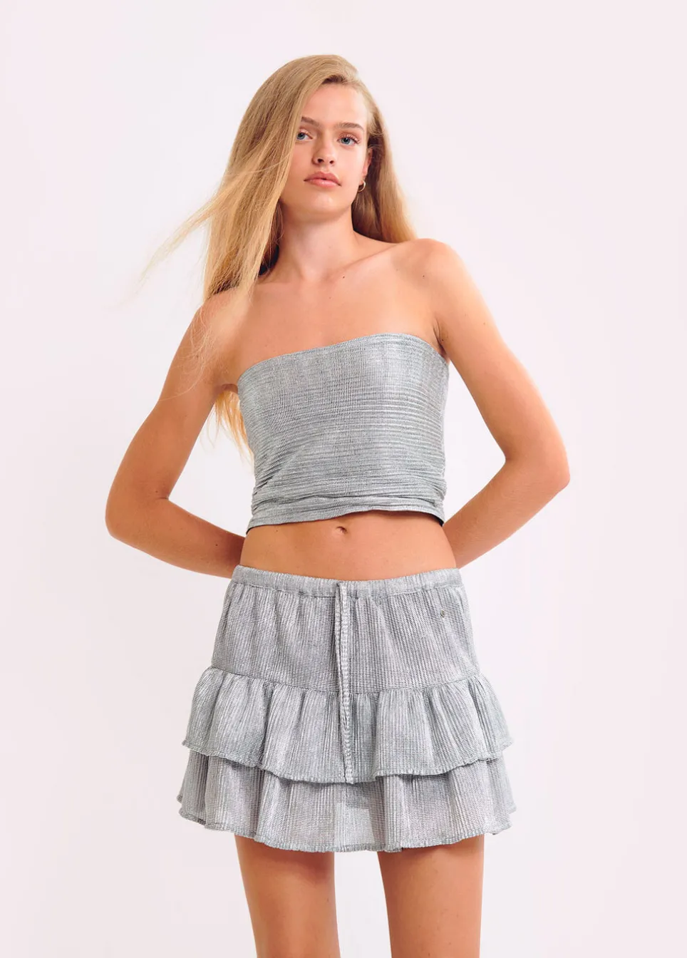 Top Bandeau Em Tecido Prateado