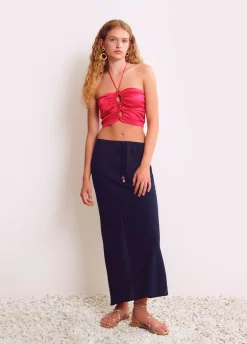 Top Drapeado Contas Acetinado Liso