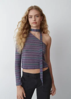 T-Shirt De Manga Comprida Assimetrica Com Colar Choker